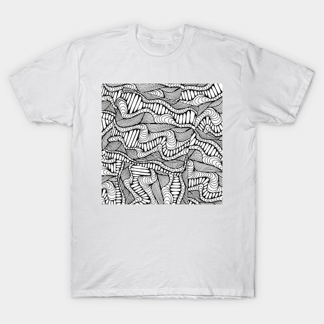 Black and White Zentangle Wavy Doodle Design T-Shirt by cherdoodles